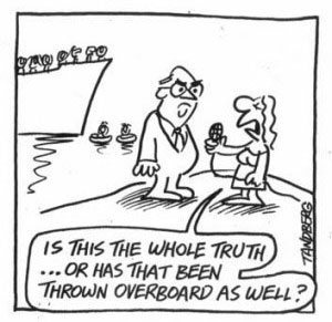 Cartoon about the Children Overboard affair. The person being interviewed is Peter Reith who was Minister for Defence at the time of the affair.