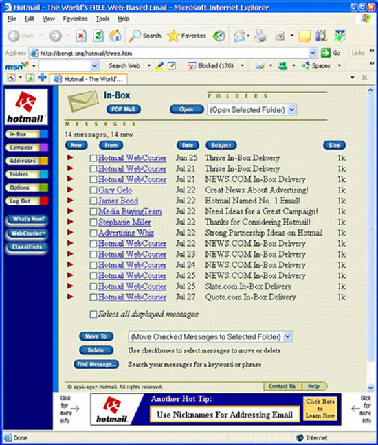 Hotmail page in 1997