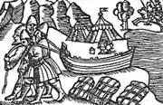 Image from Olaus Magnus of Vikings 
	                        dragging a boat over land
