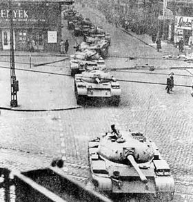 Soviet tanks in the streets of Budapest, capital of Hungary.